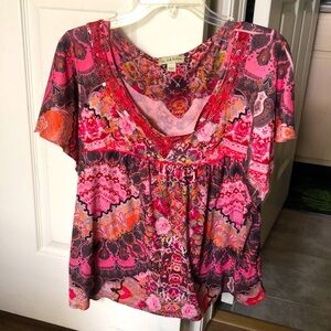 Live and let live short sleeve pink colorful blouse with sequin V neckline - XL